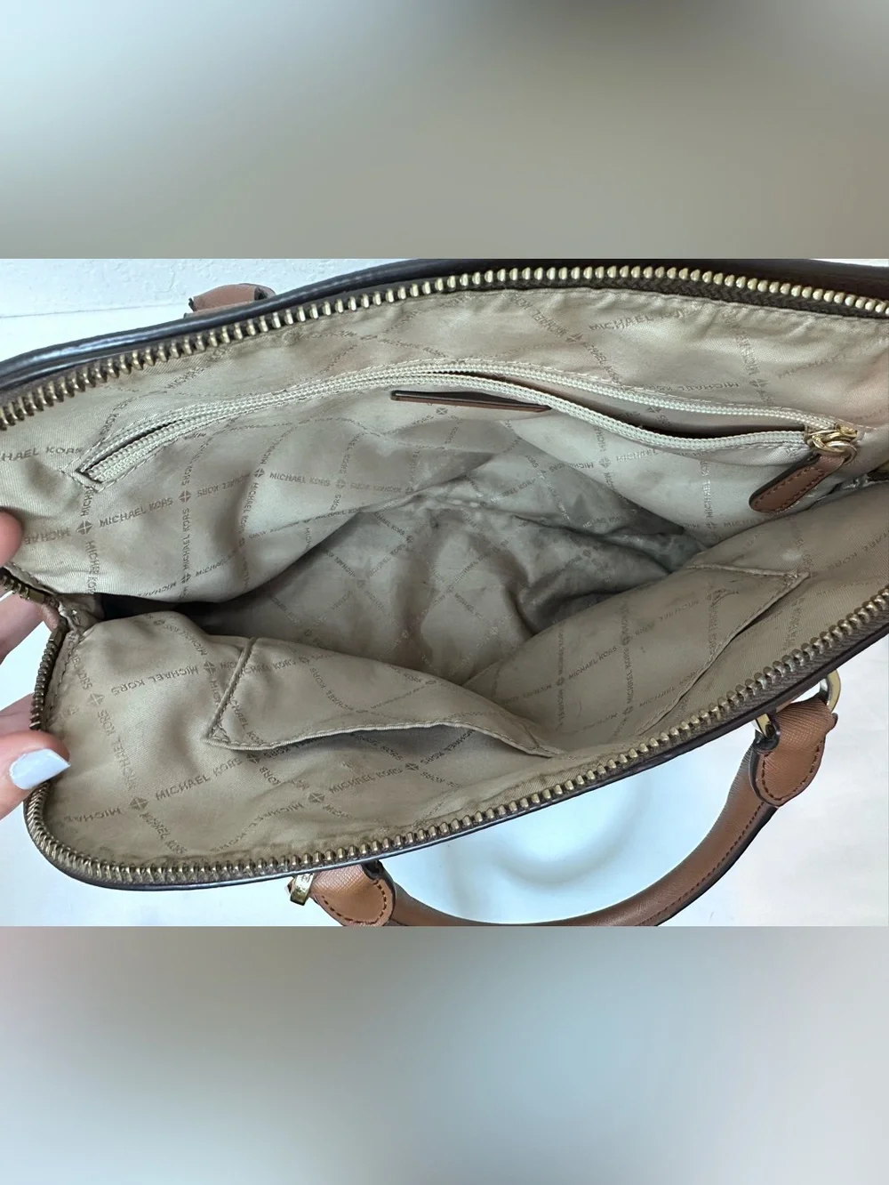 Michael Kors Jet Set Travel Large Satchel Brown MK Signature PVC Leather Trim